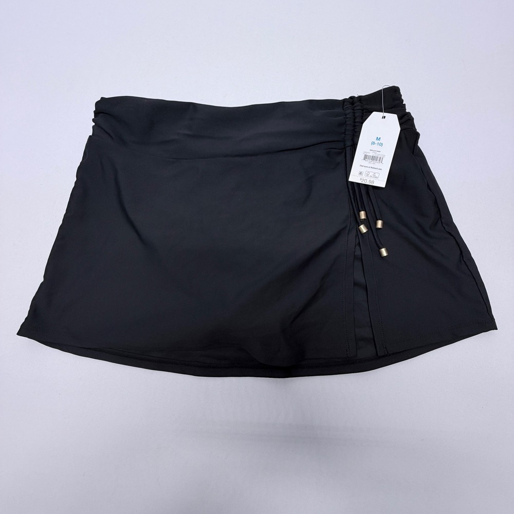 Time and Tru Black Side Slit Swim Skirt Medium 8-10 Ruched Gold Bead New